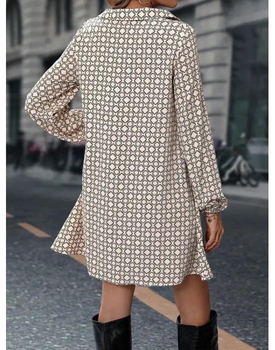 Kadın Uzun Kollu Yakalı Desenli Mini Modal Elbise
