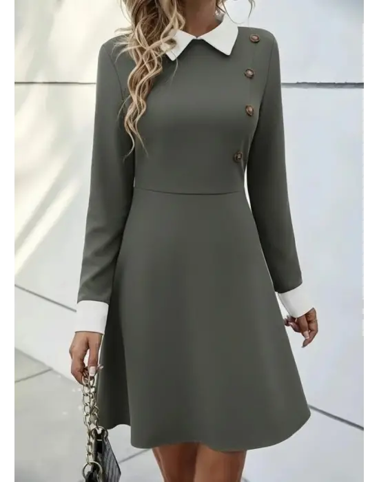 Kadın Uzun Kollu Yakalı Düğmeli çağla Yeşili Modal Mini Elbise