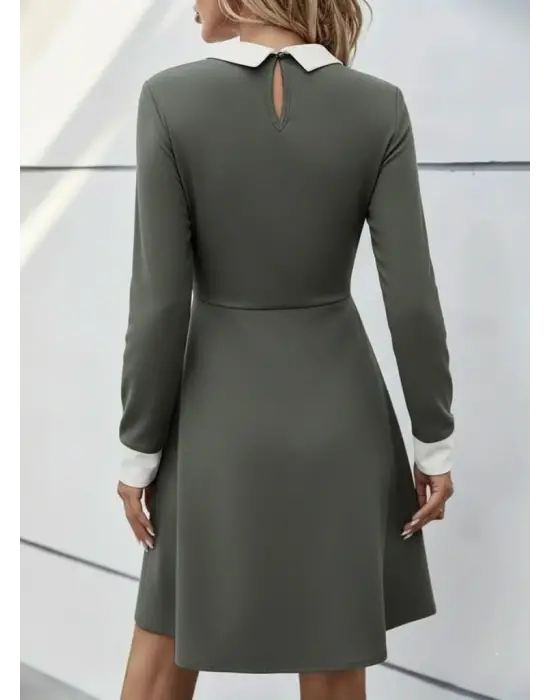 Kadın Uzun Kollu Yakalı Düğmeli çağla Yeşili Modal Mini Elbise