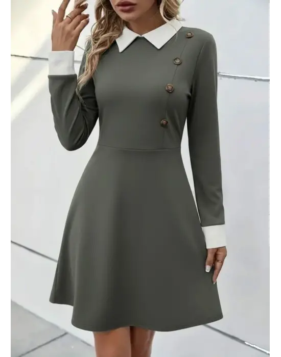 Kadın Uzun Kollu Yakalı Düğmeli çağla Yeşili Modal Mini Elbise