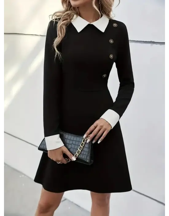 Kadın Uzun Kollu Yakalı Düğmeli Kısa Modal Mini Elbise