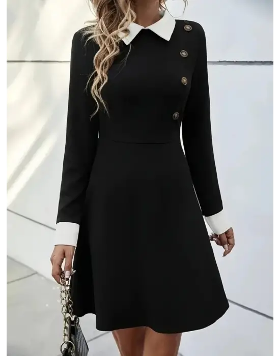 Kadın Uzun Kollu Yakalı Düğmeli Kısa Modal Mini Elbise