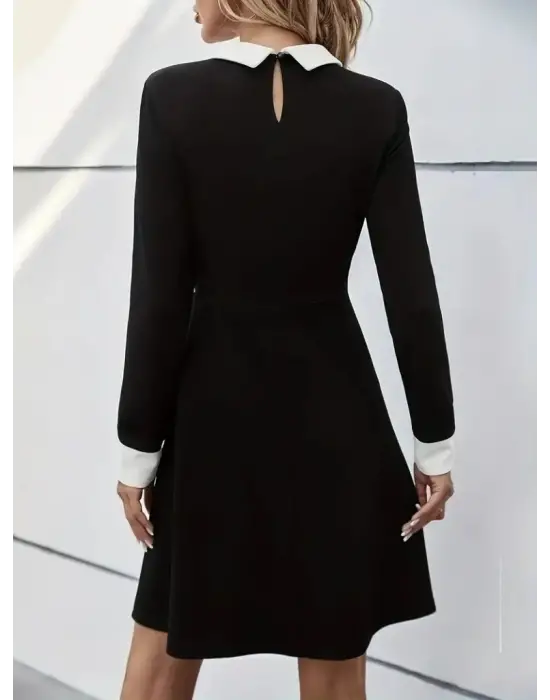 Kadın Uzun Kollu Yakalı Düğmeli Kısa Modal Mini Elbise
