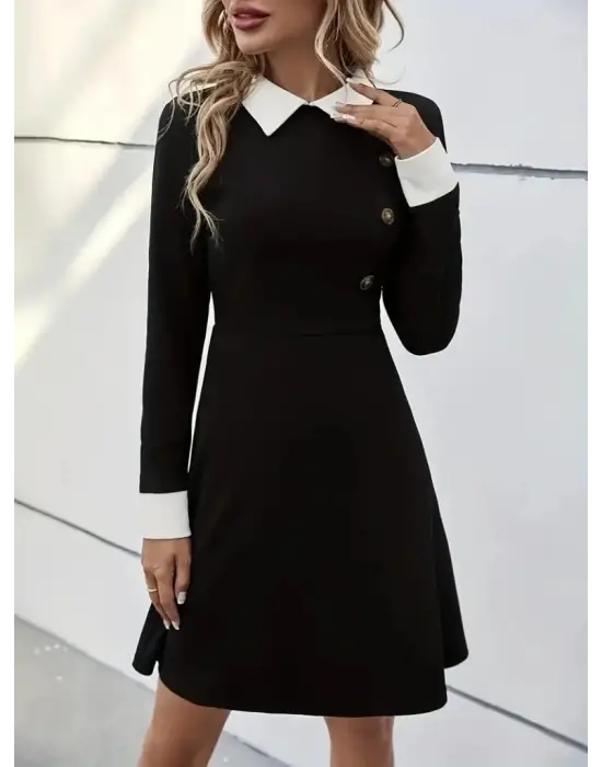 Kadın Uzun Kollu Yakalı Düğmeli Kısa Modal Mini Elbise