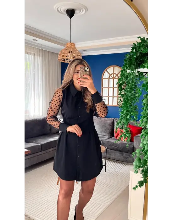 Kadın Uzun Kollu Yakalı Düğmeli Mini Ithal Krep Elbise