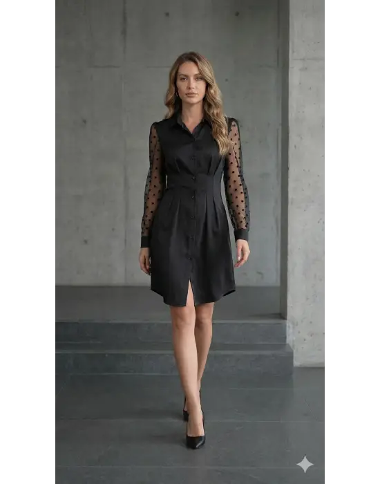 Kadın Uzun Kollu Yakalı Düğmeli Mini Ithal Krep Elbise