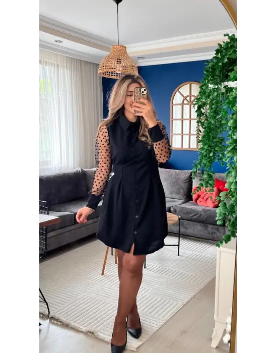 Kadın Uzun Kollu Yakalı Düğmeli Mini Ithal Krep Elbise
