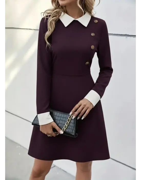 Kadın Uzun Kollu Yakalı Düğmeli Mürdüm Modal Mini Elbise