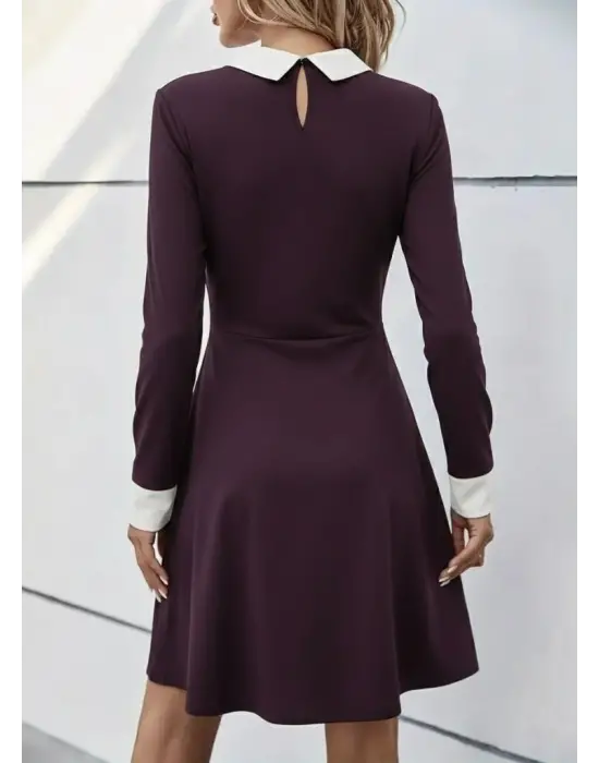 Kadın Uzun Kollu Yakalı Düğmeli Mürdüm Modal Mini Elbise