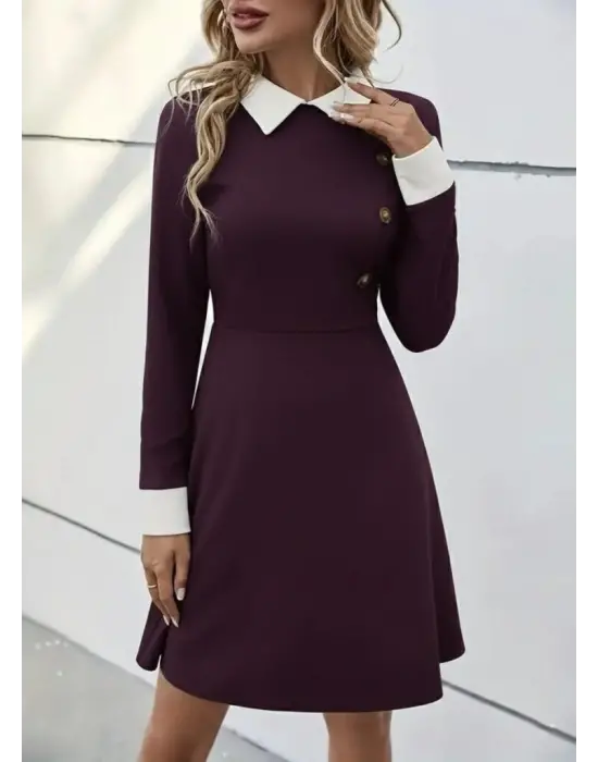 Kadın Uzun Kollu Yakalı Düğmeli Mürdüm Modal Mini Elbise