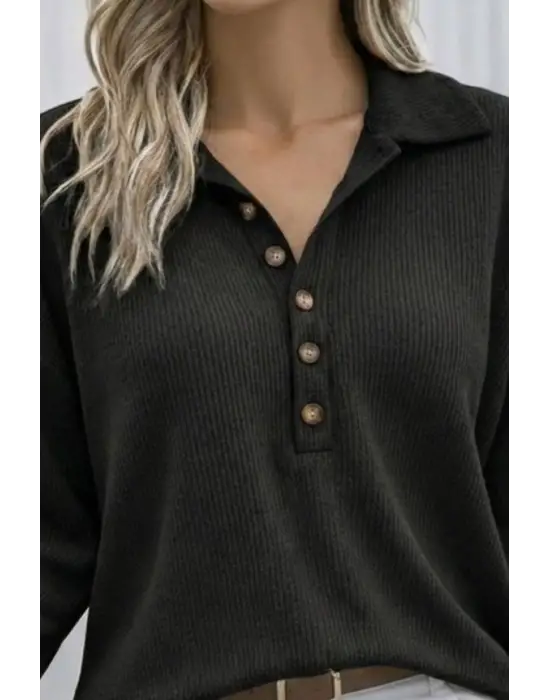 Kadın Uzun Kollu Yakalı Düğmeli Salaş Waffle Bluz