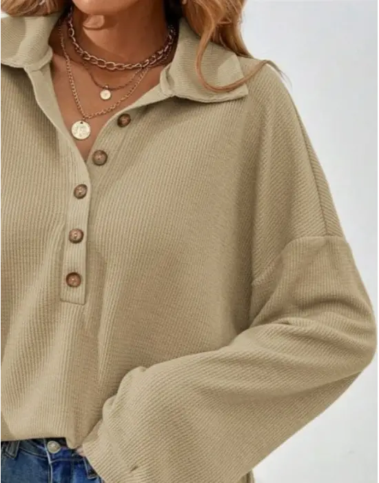 Kadın Uzun Kollu Yakalı Düğmeli Salaş Waffle Bluz