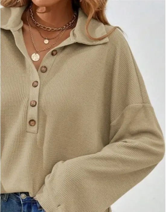 Kadın Uzun Kollu Yakalı Düğmeli Salaş Waffle Bluz