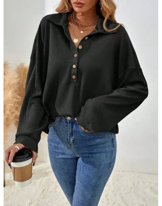 Kadın Uzun Kollu Yakalı Düğmeli Salaş Waffle Bluz
