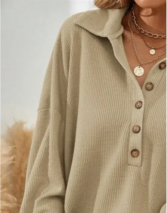 Kadın Uzun Kollu Yakalı Düğmeli Salaş Waffle Bluz