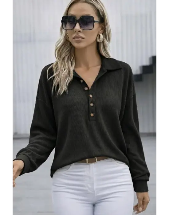 Kadın Uzun Kollu Yakalı Düğmeli Salaş Waffle Bluz