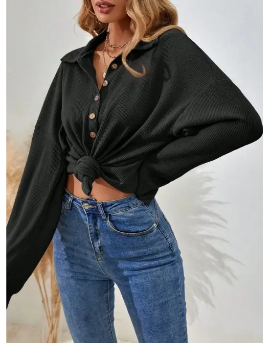 Kadın Uzun Kollu Yakalı Düğmeli Salaş Waffle Bluz