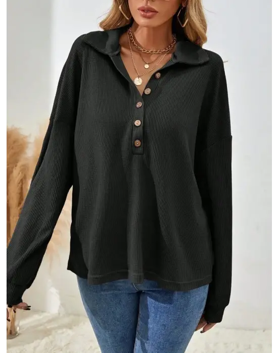Kadın Uzun Kollu Yakalı Düğmeli Salaş Waffle Bluz