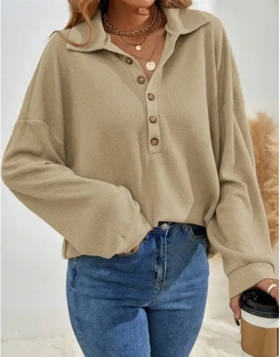 Kadın Uzun Kollu Yakalı Düğmeli Salaş Waffle Bluz
