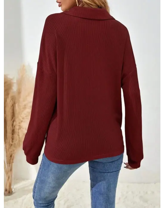 Kadın Uzun Kollu Yakalı Düğmeli Salaş Waffle Bluz