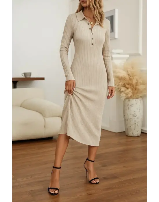 Kadın Uzun Kollu Yakalı Düğmeli şardonlu Kaşkorse Elbise