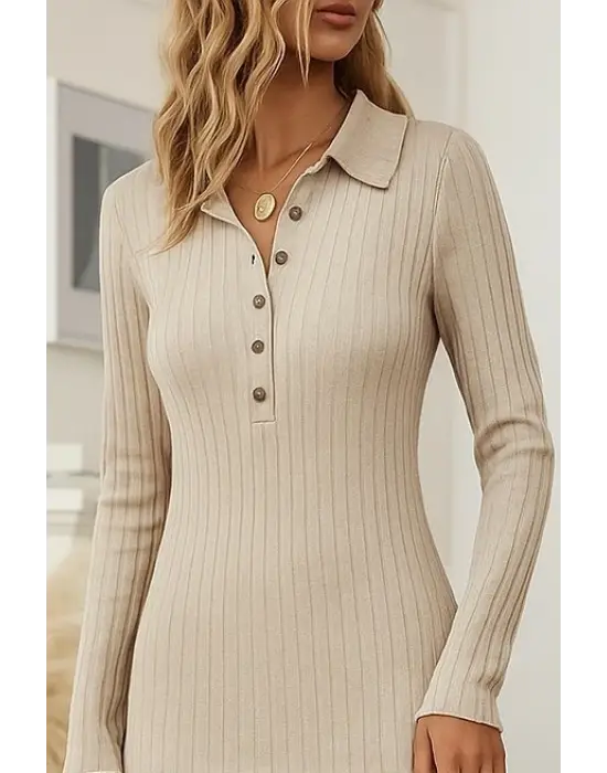 Kadın Uzun Kollu Yakalı Düğmeli şardonlu Kaşkorse Elbise