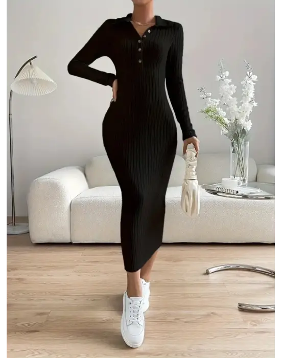 Kadın Uzun Kollu Yakalı Düğmeli şardonlu Kaşkorse Elbise