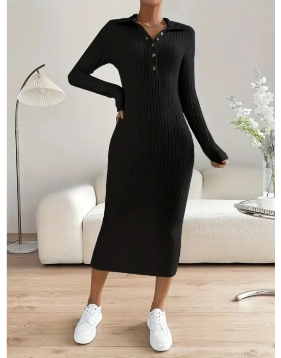 Kadın Uzun Kollu Yakalı Düğmeli şardonlu Kaşkorse Elbise