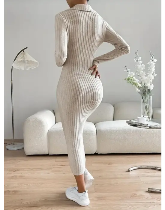 Kadın Uzun Kollu Yakalı Düğmeli şardonlu Kaşkorse Elbise