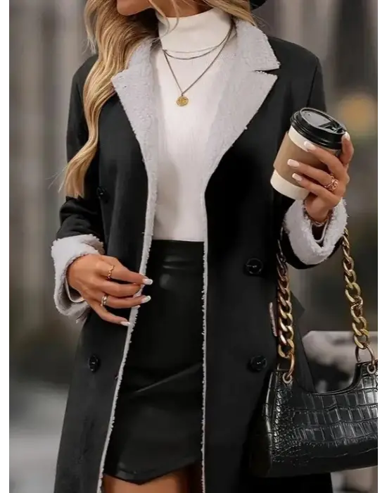 Kadın Uzun Kollu Yakalı Düğmeli Süet Mini Manto