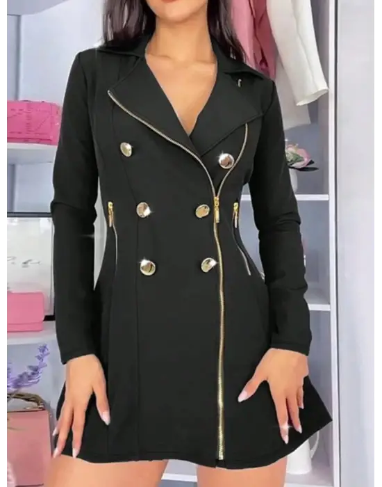 Kadın Uzun Kollu Yakalı Fermuarlı Düğme Detaylı Kısa Scuba Ceket