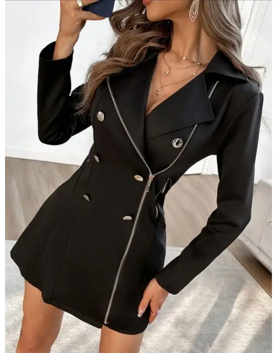 Kadın Uzun Kollu Yakalı Fermuarlı Düğme Detaylı Kısa Scuba Ceket