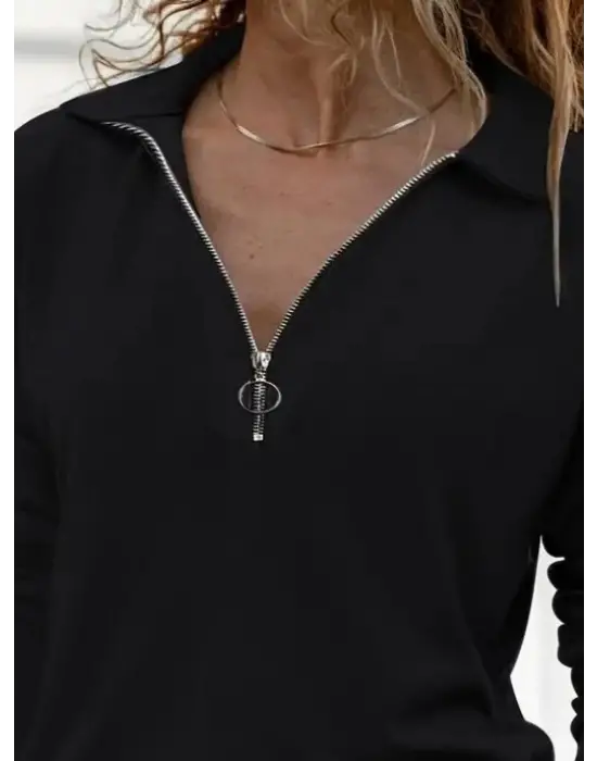 Kadın Uzun Kollu Yakalı Fermuarlı Iki Iplik Bluz