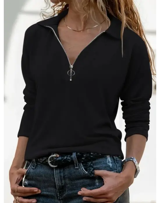 Kadın Uzun Kollu Yakalı Fermuarlı Iki Iplik Bluz