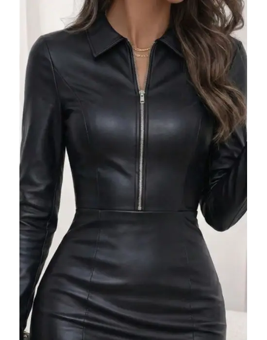 Kadın Uzun Kollu Yakalı Fermuarlı Mini Deri Elbise