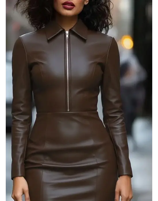 Kadın Uzun Kollu Yakalı Fermuarlı Mini Deri Elbise