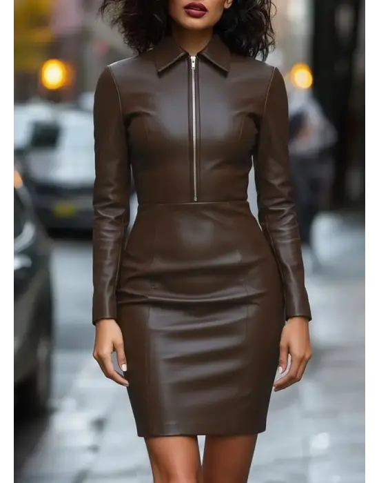Kadın Uzun Kollu Yakalı Fermuarlı Mini Deri Elbise