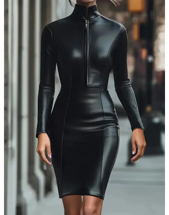 Kadın Uzun Kollu Yakalı Fermuarlı Mini Deri Elbise