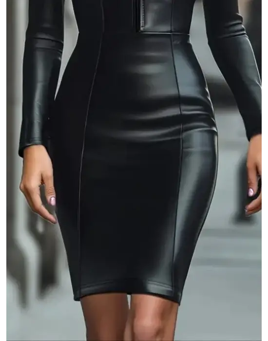 Kadın Uzun Kollu Yakalı Fermuarlı Mini Deri Elbise