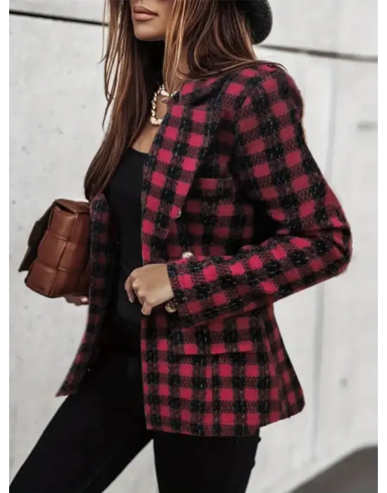 Kadın Uzun Kollu Yakalı Kare Desenli Ekoseli Düğmeli Ceket