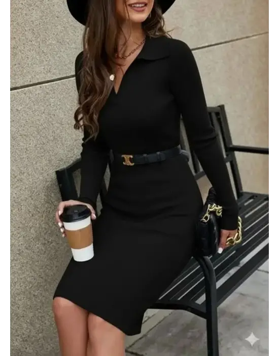 Kadın Uzun Kollu Yakalı Kısa Kaşkorse Elbise (Kemersiz)