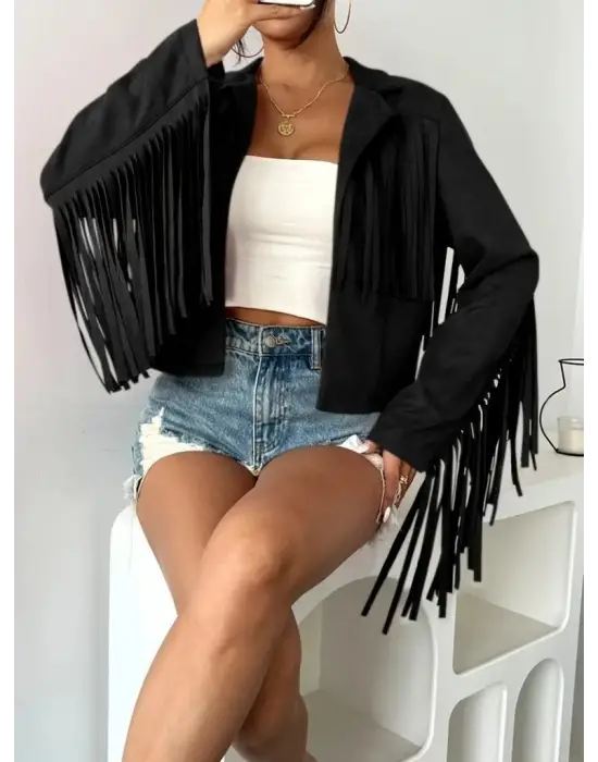 Kadın Uzun Kollu Yakalı Kısa Püsküllü Süet Ceket