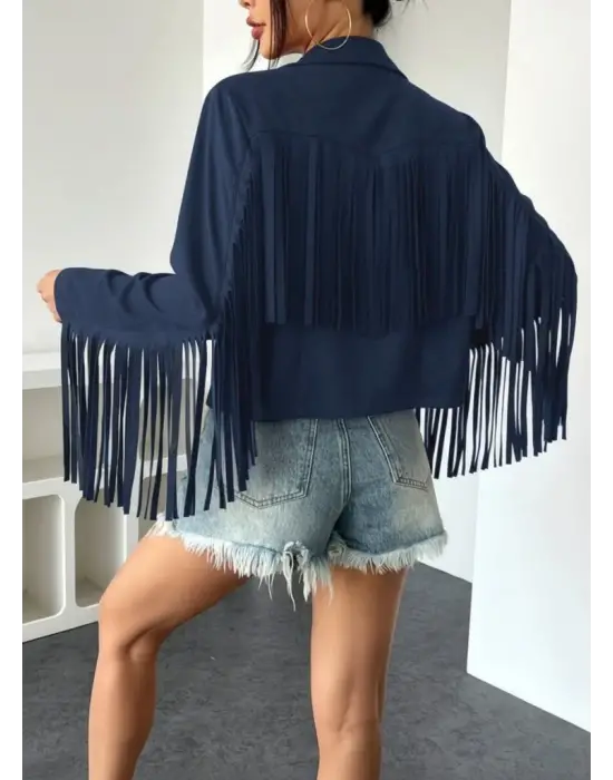 Kadın Uzun Kollu Yakalı Kısa Püsküllü Süet Ceket