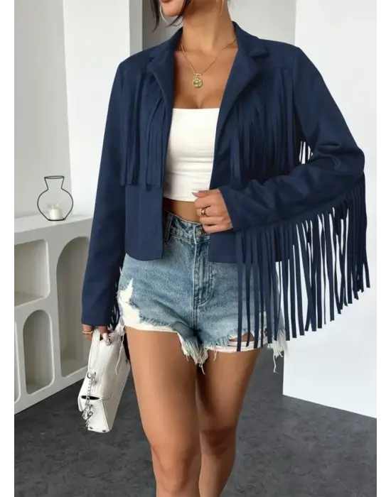 Kadın Uzun Kollu Yakalı Kısa Püsküllü Süet Ceket