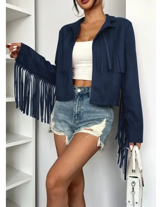 Kadın Uzun Kollu Kısa Püsküllü Süet Ceket