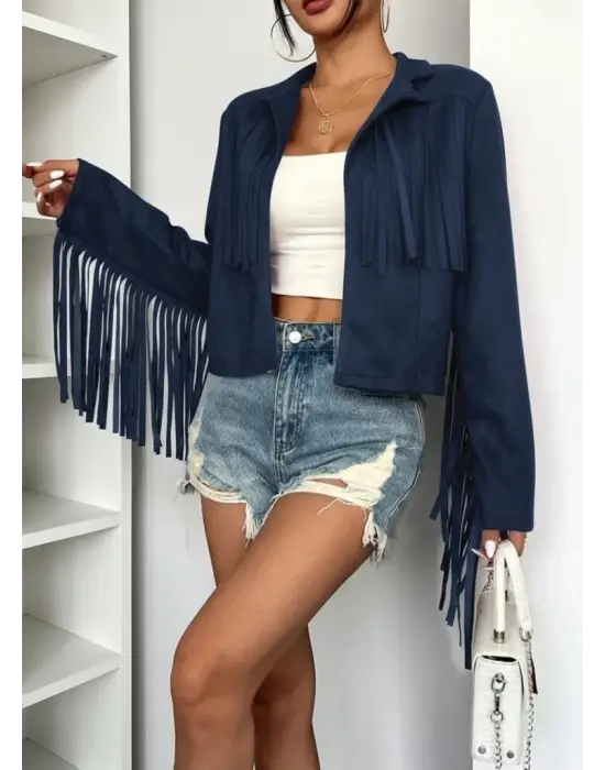 Kadın Uzun Kollu Yakalı Kısa Püsküllü Süet Ceket