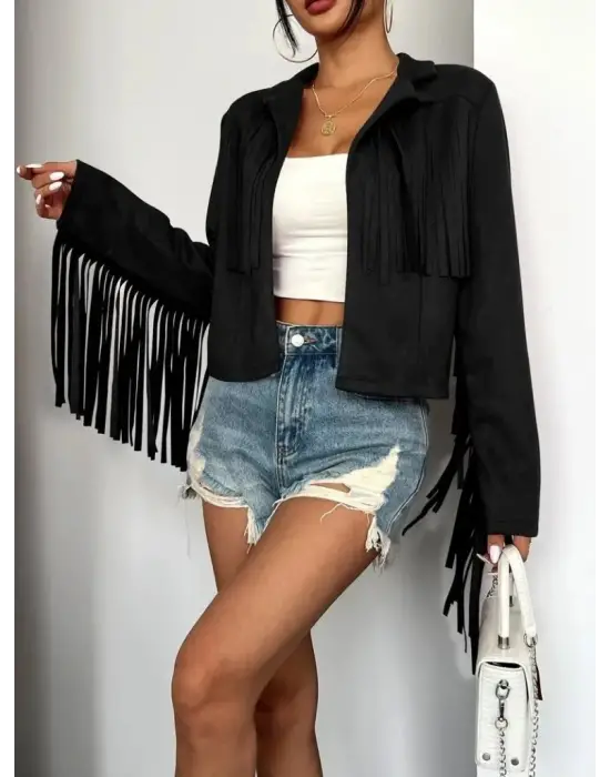 Kadın Uzun Kollu Yakalı Kısa Püsküllü Süet Ceket