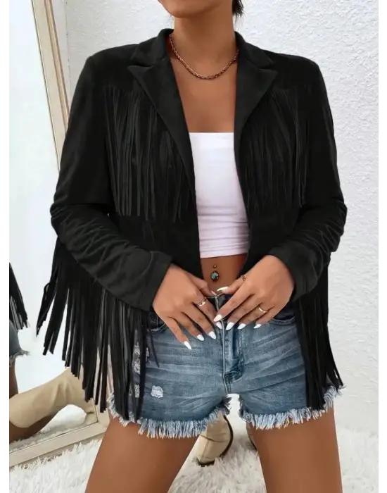 Kadın Uzun Kollu Yakalı Kısa Püsküllü Süet Ceket