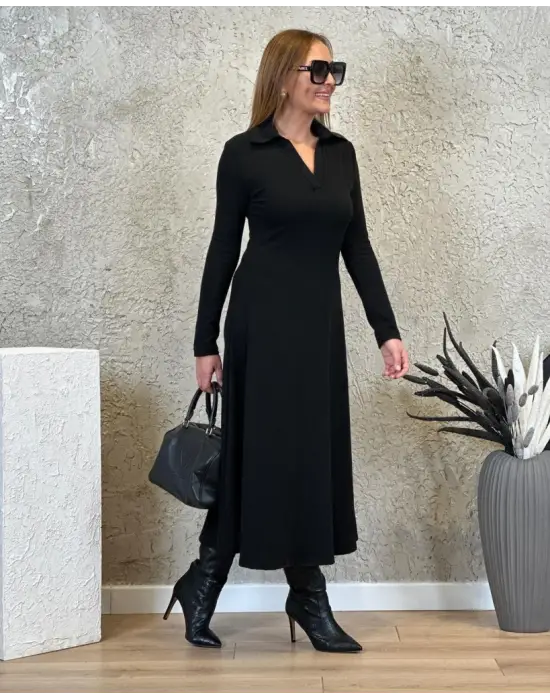 Kadın Uzun Kollu Yakalı Midi Viskon Iki Iplik Elbise