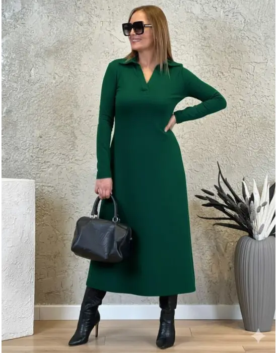 Kadın Uzun Kollu Yakalı Midi Viskon Iki Iplik Elbise